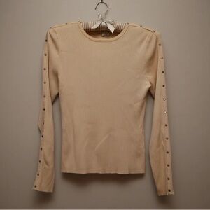 Michael Kors Cream Ribbed Long Sleeve Top with Button Trim